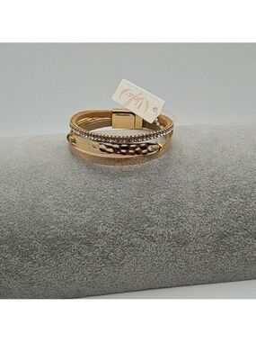 Elegant Gold Plated Multi Chain Leatherette Magnetic Bracelet, Simulated Diamond